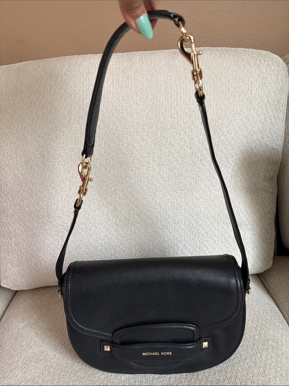 MICHAEL KORS Black Leather Saddle Shoulder Bag with Gold Hardware